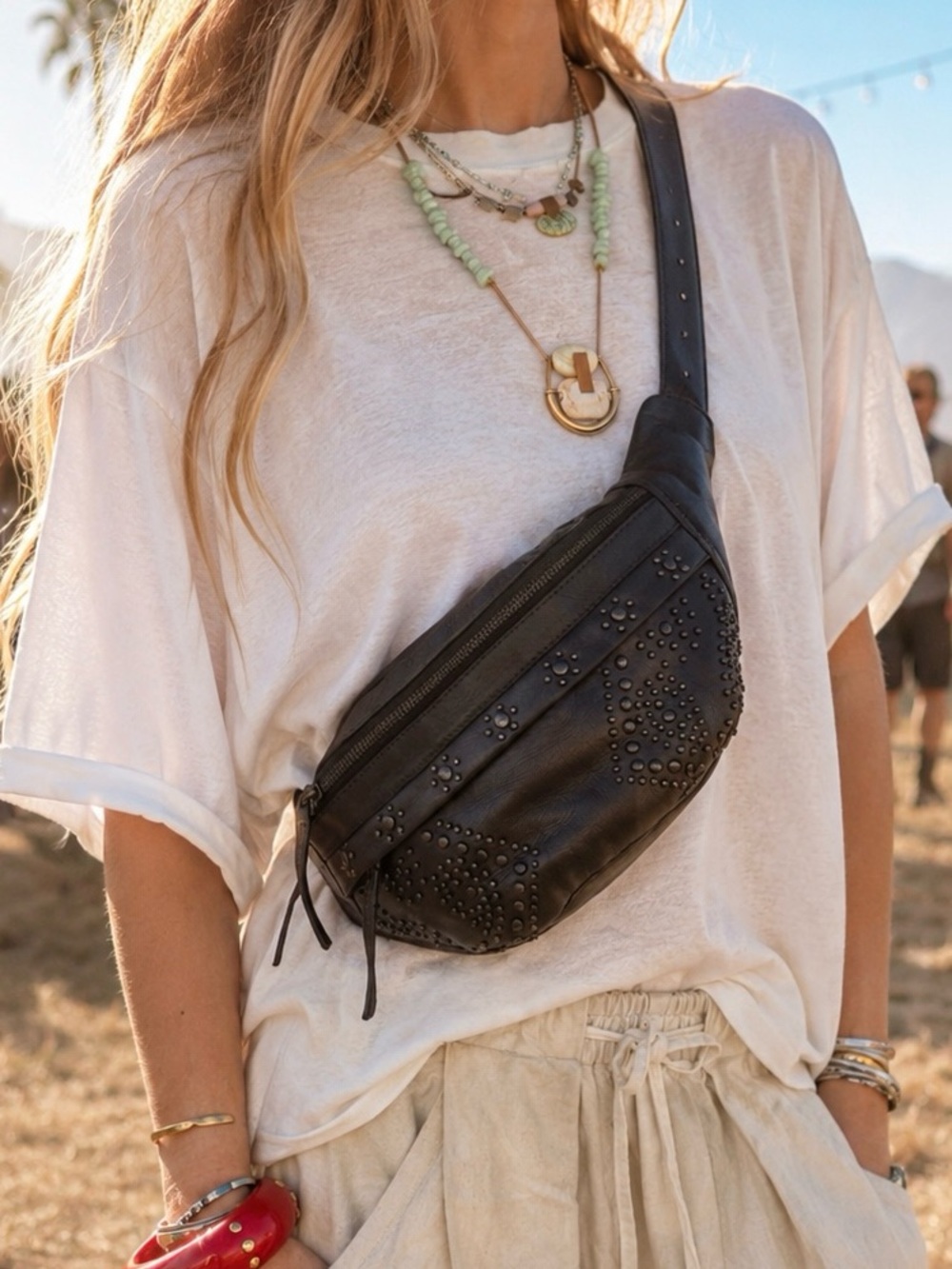 Free people Ana Adorned Sling Bag Black Studded 100% Leather NWT